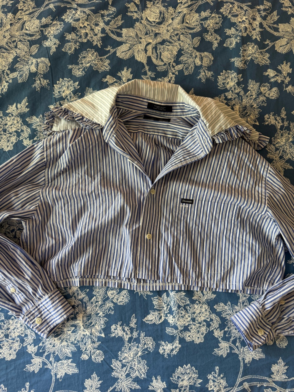 Faconnable Blue and White Striped Cropped Button-Up Top